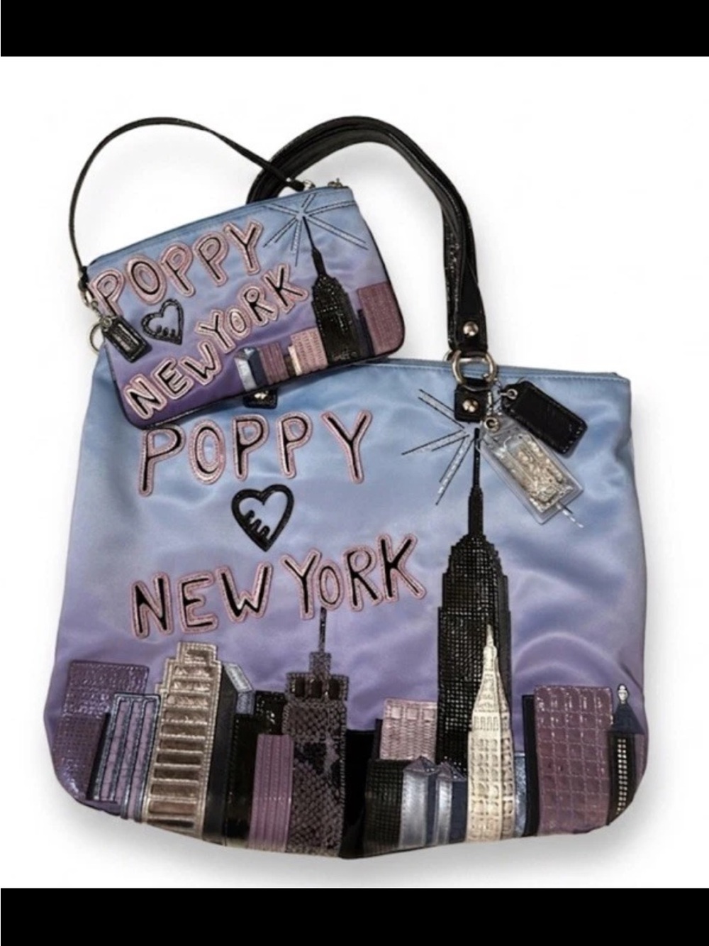 Coach Poppy Tote/Wristlet Set, Purple/Blue Ombré New York 3D Skyline Ltd. Ed.